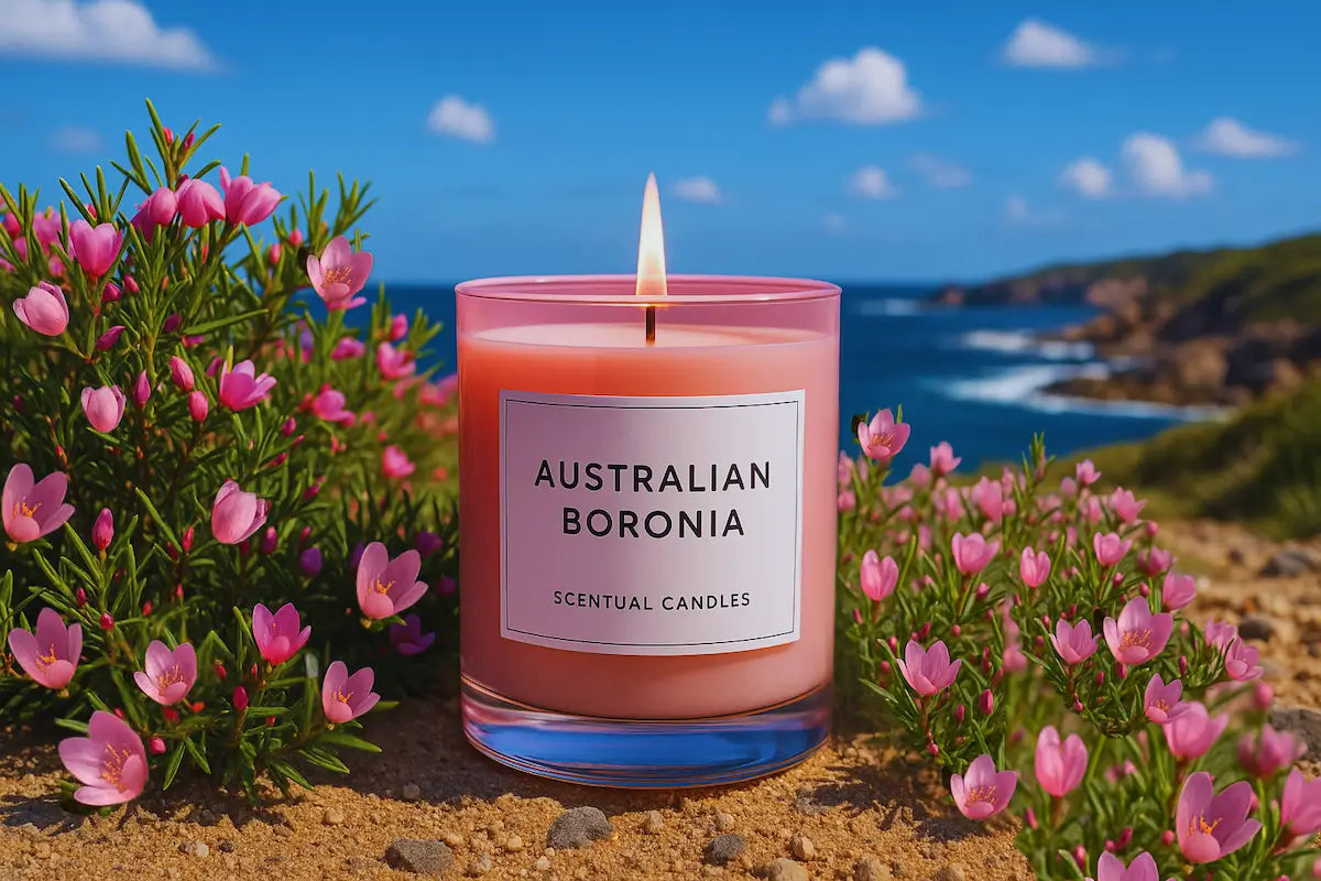 Scented Soy Candle labeled 'Australian Boronia' with a scenic background of flowers and water.