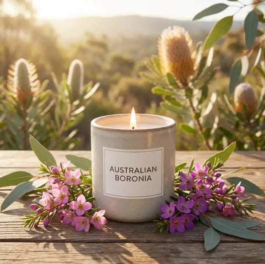 Scented Soy Candle with Australian Boronia flowers on wooden table outdoors