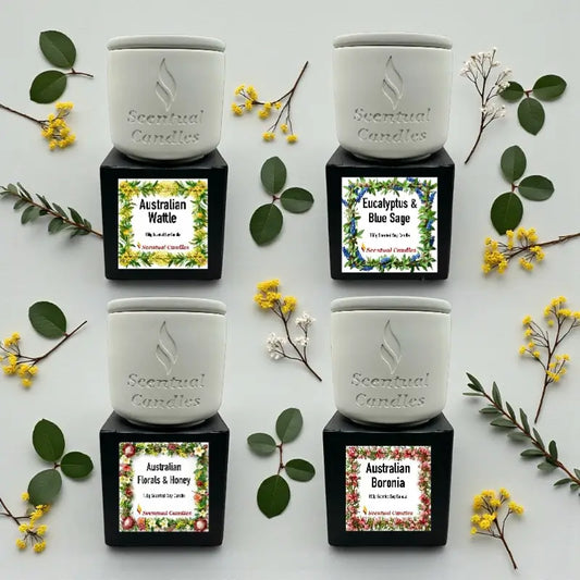 Australian Botanicals Scented Candle Set featuring four unique botanical fragrances.
