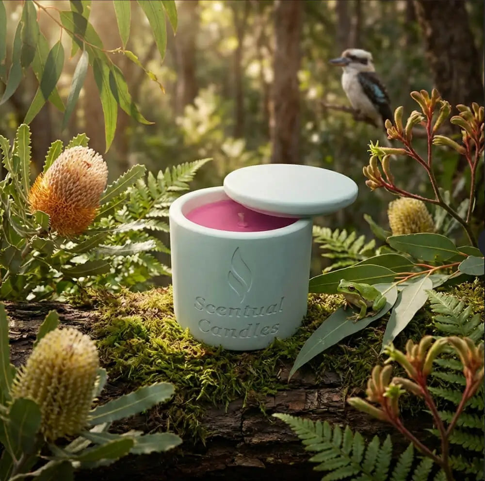 Scentual candles Australian Bush candle on a log surrounded by nature
