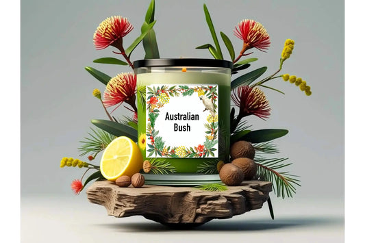 Australian Bush Scented Candle on a piece of sandalwood with eucalyptus leaves, pine needles, a lemon wedge and gumnuts and flowers on a light gray background