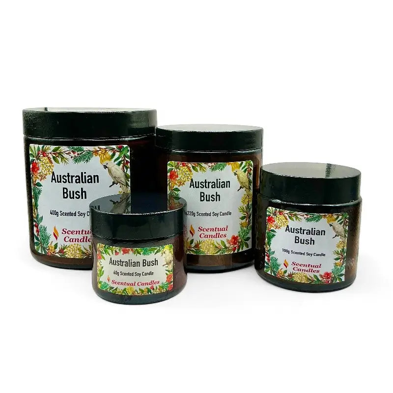 Australian Bush Candle varieties showcasing eucalyptus, lemon myrtle, and pine scents in assorted jar sizes.