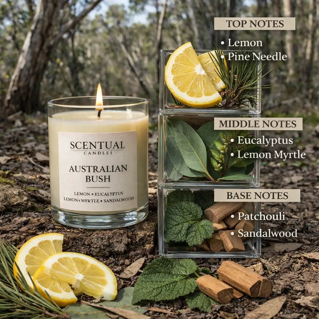 Scentual Candles Australian Bush candle with botanical elements and notes displayed outdoors.