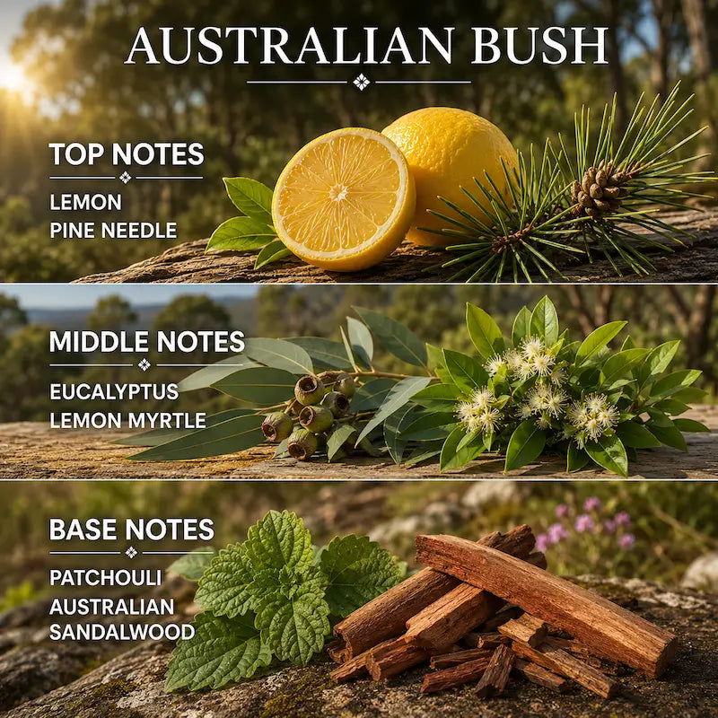 Scentual Candles Australian Bush candle with botanical elements and notes displayed outdoors.