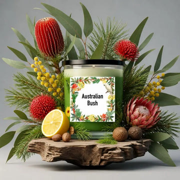 Australian Bush Candle displayed with native plants, lemon, and earthy elements on a wooden base.