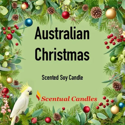 Australian Christmas scented soy candle with festive design and greenery.