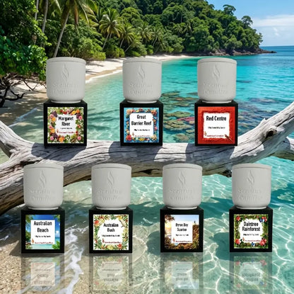 Australian Destinations Candle Set featuring scents of Margaret River, Great Barrier Reef, Red Centre, Australian Beach, Byron Bay, and Daintree Rainforest.