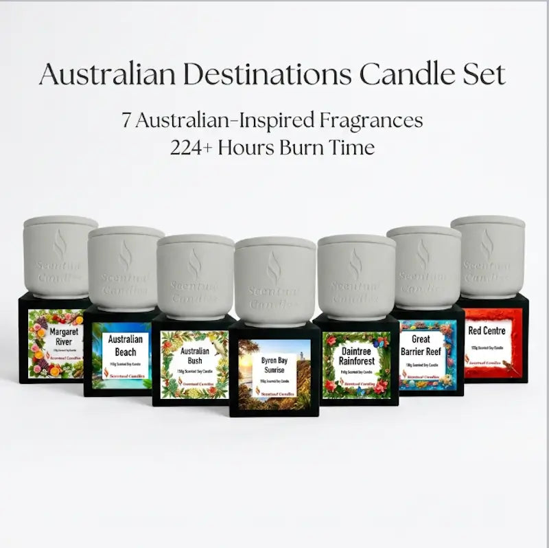 Australian Destinations Candle Set featuring seven scented candles with unique fragrances and 224 hours burn time.