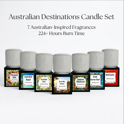 Australian Destinations Candle Set featuring seven scented candles with unique fragrances and 224 hours burn time.