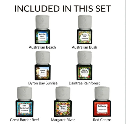Australian Destinations Candle Set showcasing seven scented candles representing iconic Australian landscapes.