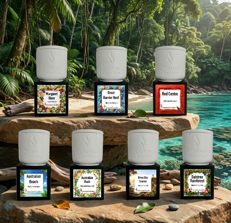 Australian Destinations Candle Set showcasing seven unique scented candles inspired by Australian landscapes and beaches.