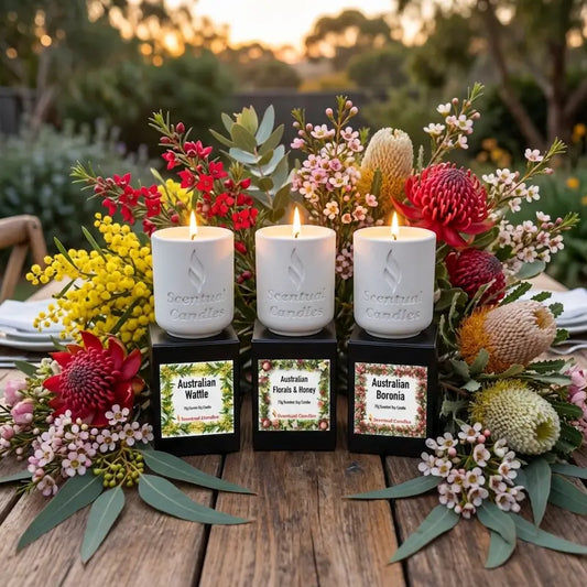 Australian Florals Candle Gift Set. Three candles with floral arrangements and labels on a wooden surface outdoors.