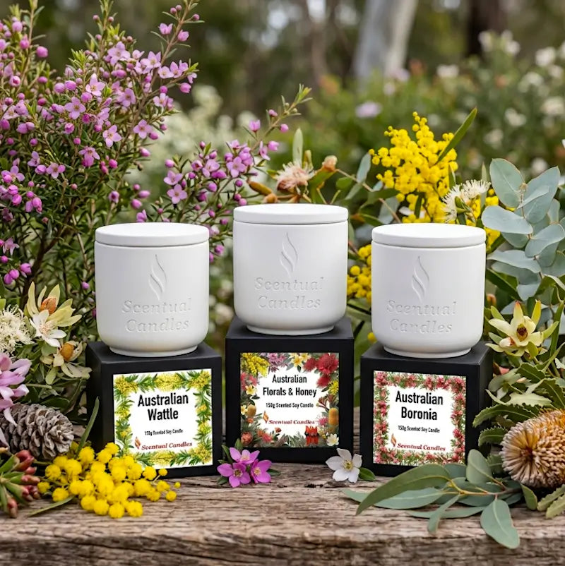 Australian Florals Candle Gift Set with three scented candles surrounded by native flowers.