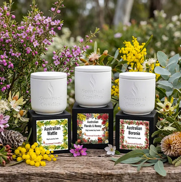 Australian Florals Candle Gift Set with three scented candles surrounded by native flowers.