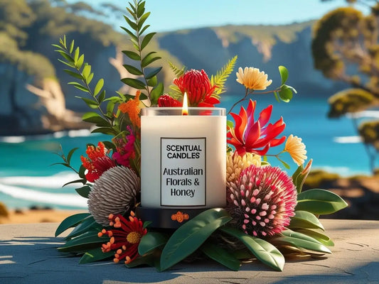 Scentual Candles Australian Florals & Honey candle surrounded by flowers with a scenic background