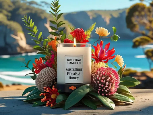 Scentual Candles Australian Florals & Honey candle surrounded by flowers with a scenic background