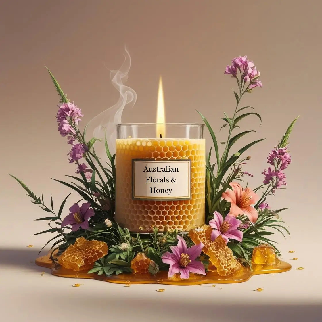 Candle labeled 'Australian Florals & Honey' surrounded by flowers and honeycomb on a beige background