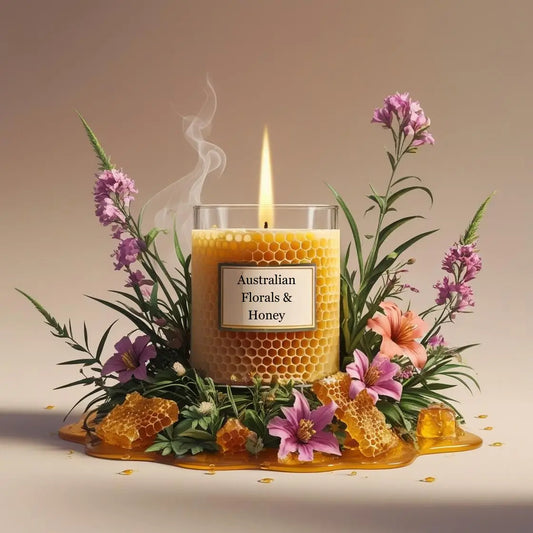Candle labeled 'Australian Florals & Honey' surrounded by flowers and honeycomb on a beige background