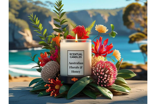 Candle with 'Scentual Candles' label surrounded by Australian florals on a beach setting