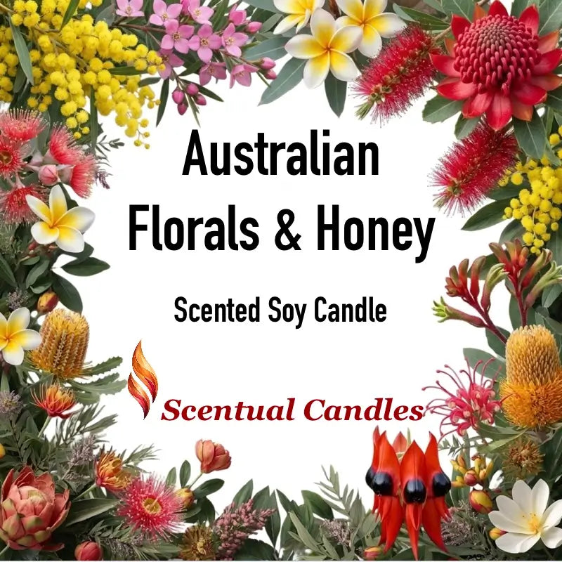 Australian Florals and Honey Scented Soy Candle adorned with vibrant Australian flowers