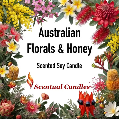 Australian Florals and Honey Scented Soy Candle adorned with vibrant Australian flowers