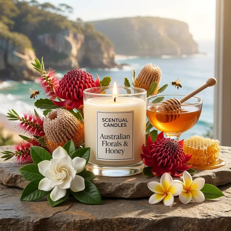 Australian Florals and Honey scented candle in glass jar with native flowers and honey on a stone surface.