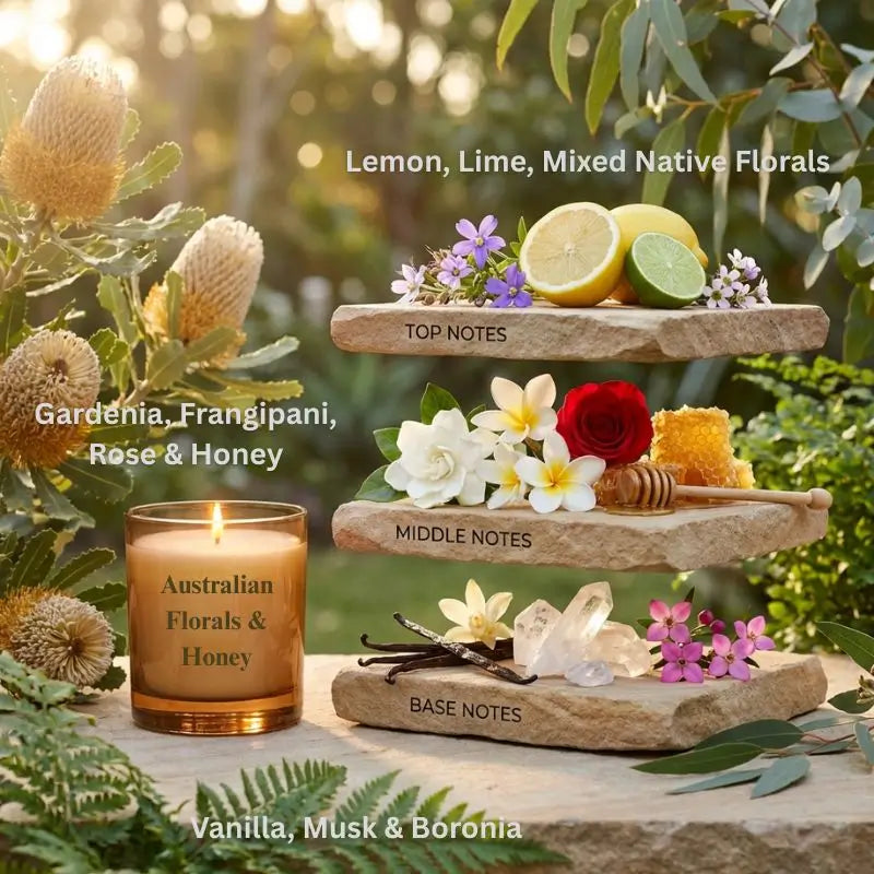 Australian Florals Candle Gift Set showcasing fragrance notes with a lit candle in a natural setting.