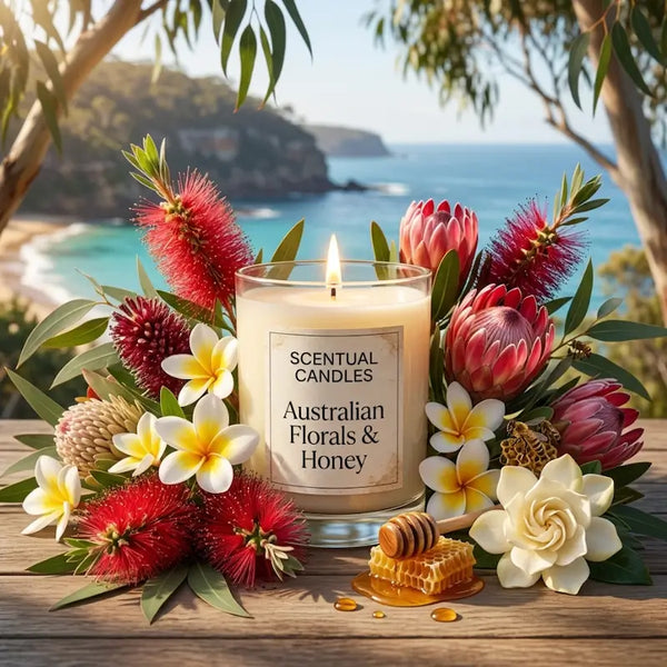 Australian Florals and Honey scented candle in glass jar surrounded by vibrant Australian flowers and honey on a scenic background.