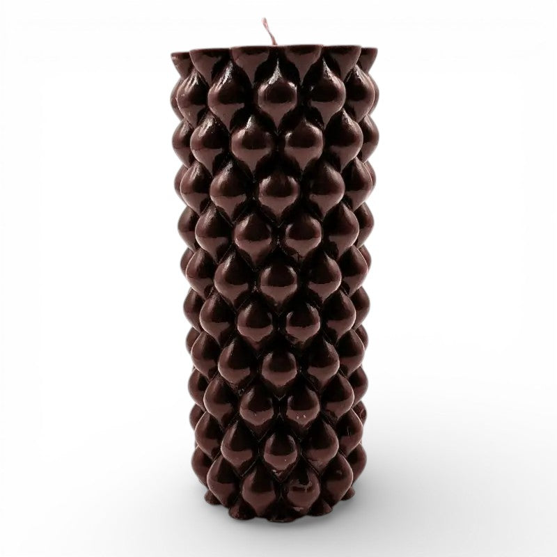 Australian Sandalwood scented soy pillar candle with intricate design, offering a tranquil escape into nature's elegance.