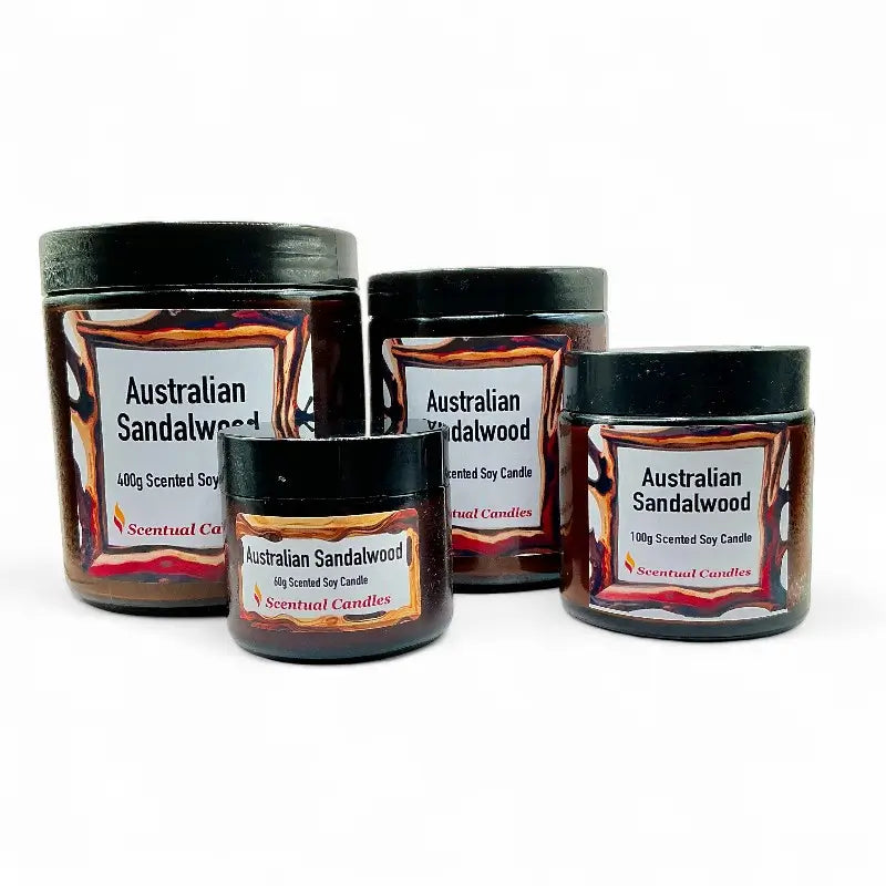 Australian Sandalwood Candle scented soy jars display