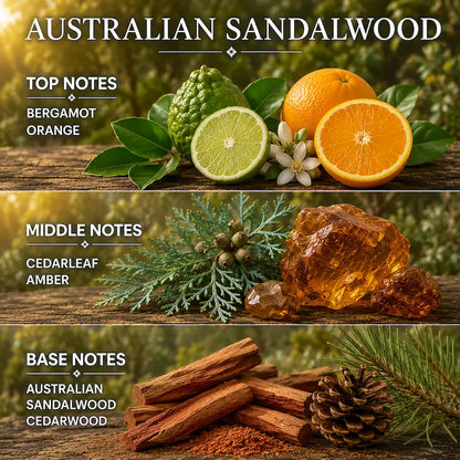 Australian Sandalwood Candle with notes of bergamot, orange, cedarleaf, amber, and sandalwood on a wooden table.