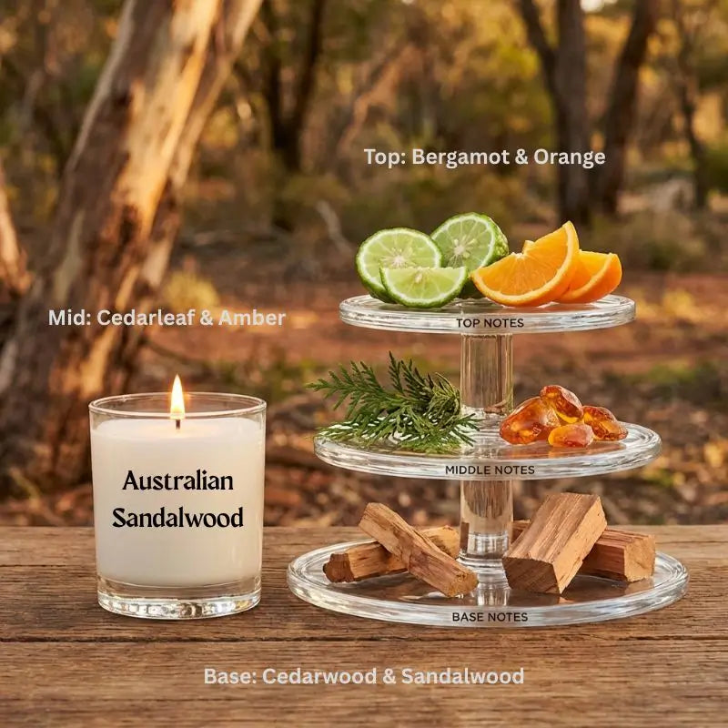 Australian Sandalwood scented soy pillar candle displayed with fragrance notes of bergamot, orange, cedarleaf, amber, and cedarwood.