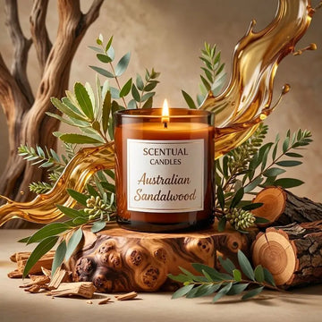 Australian Sandalwood Candle displayed with natural elements and greenery, reflecting its rich, woody fragrance.