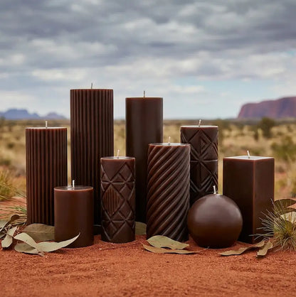 Australian Sandalwood Scented Soy Pillar Candles in natural landscape setting