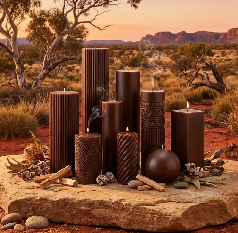 Australian Sandalwood scented soy pillar candles displayed in a natural outdoor setting, capturing the essence of the Australian bush.