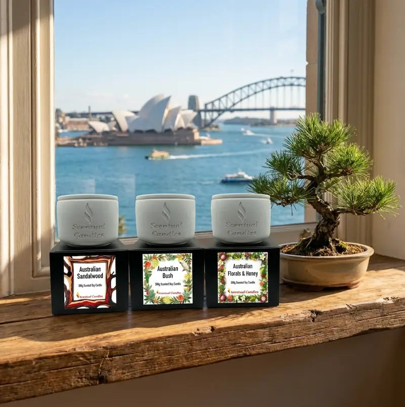 Australian Scents Candle Set - 300g Trio with iconic Sydney harbor view