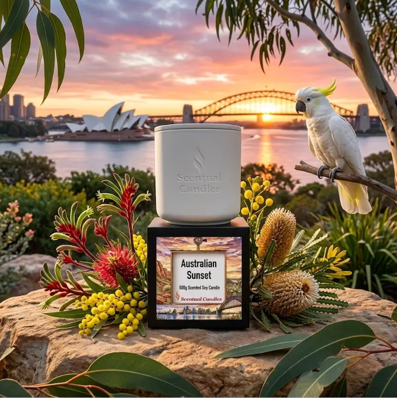 Australian Sunset scented soy candle with a beautiful Sydney background and vibrant flowers.