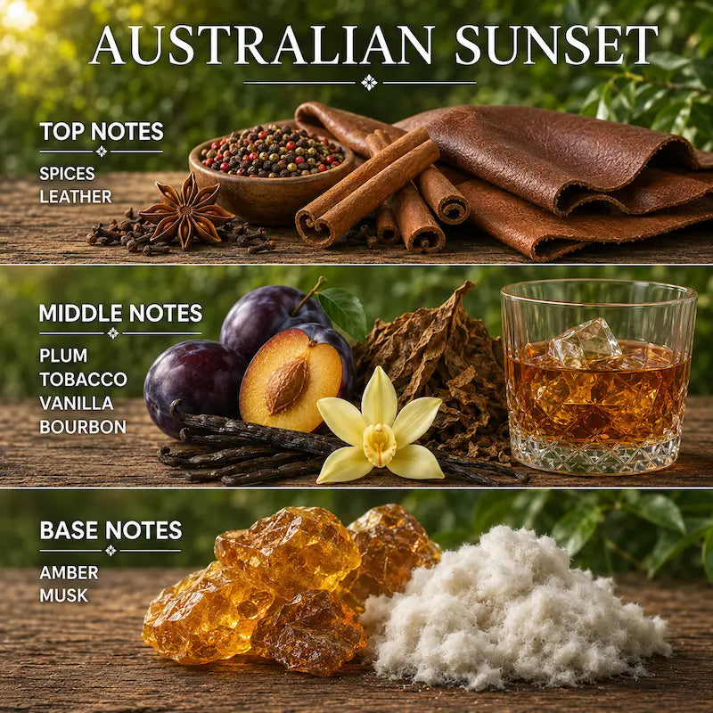 Australian Sunset from the Sunrise and Sunset Duo. Fragrance notes including spices, leather, plum, tobacco, vanilla bourbon, amber, and musk.
