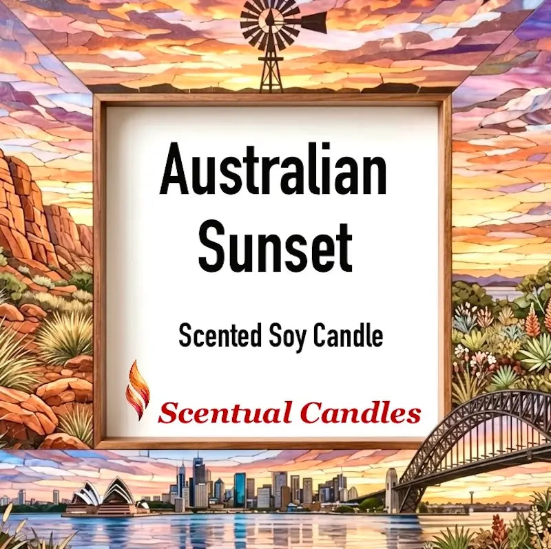 Australian Sunset Scented Soy Candle with vibrant landscape artwork and Sydney skyline in the background.