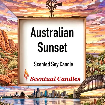 Australian Sunset Scented Soy Candle with vibrant landscape artwork and Sydney skyline in the background.