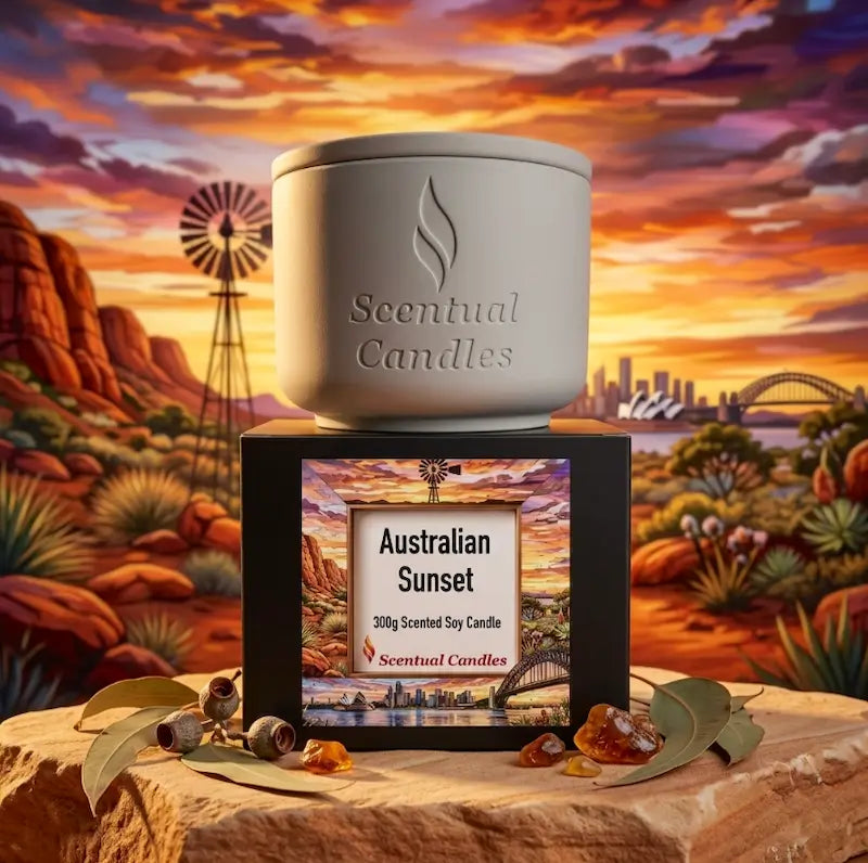 Australian Sunset scented soy candle from Scentual Candles displayed against a vibrant Australian sunset background.