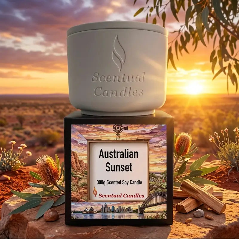 Australian Sunset 300g Scented Soy Candle with decorative box in a sunset backdrop in the Australian landscape.