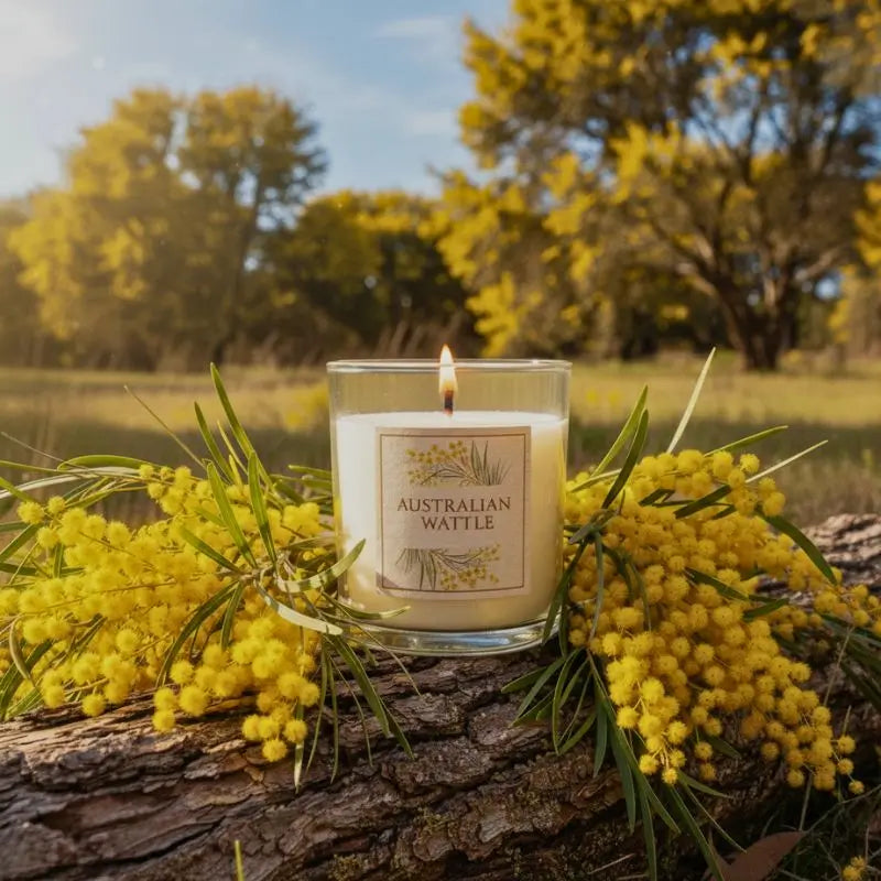 Australian Flora scented candle set with wattle blossoms in nature