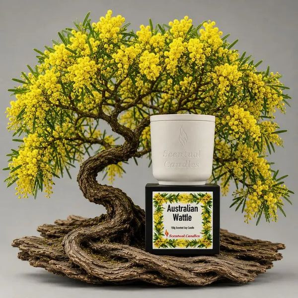 Wattle Candle displayed with a decorative Australian Wattle tree, showcasing its vibrant yellow blossoms and natural beauty.