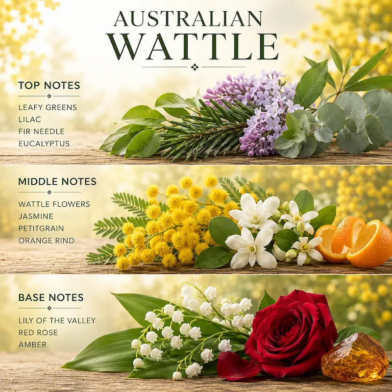 Wattle Candle scent profile featuring top, middle, and base notes of Australian Wattle flowers and botanicals.