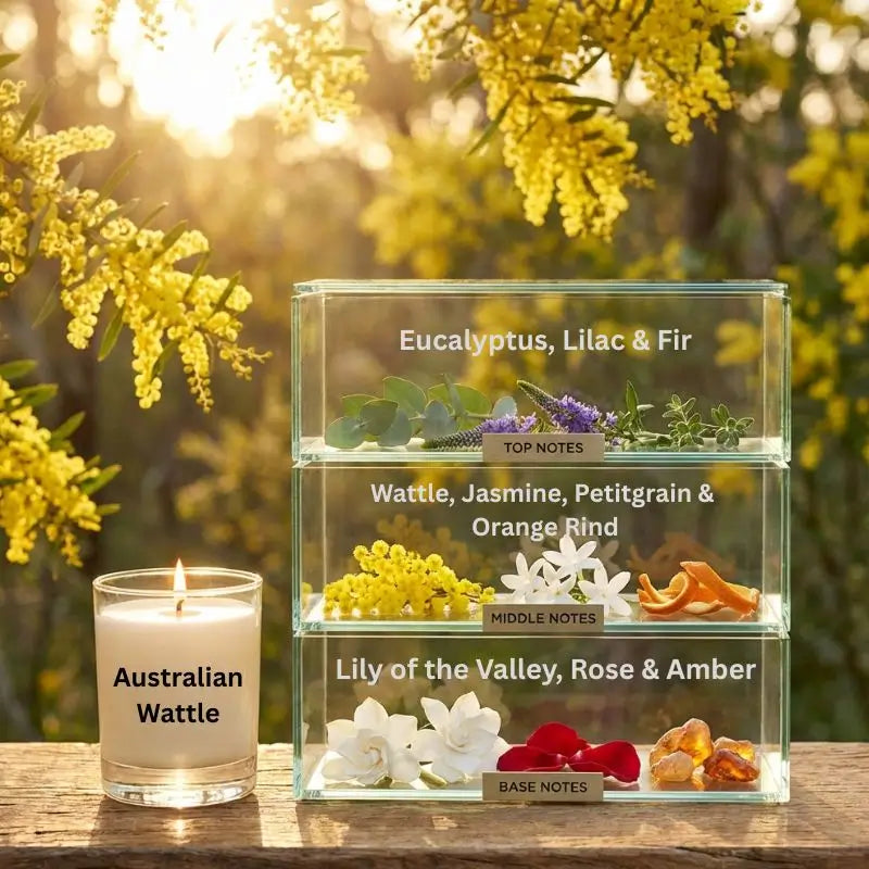 Australian Florals Candle Gift Set with Australian Wattle candle beside layered fragrance notes in a natural setting.