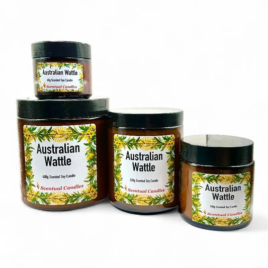 Australian Wattle Scented Soy Candle collection with labels and sizes shown.