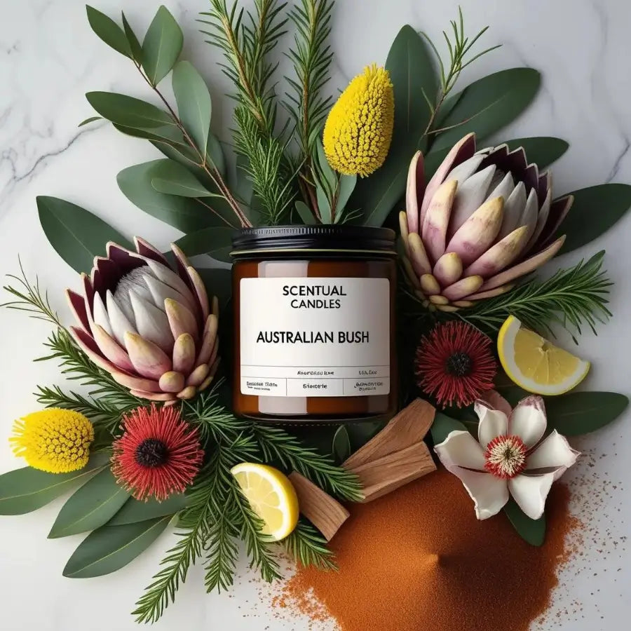 Candle labeled 'Australian Bush' surrounded by flowers and leaves on a marble surface