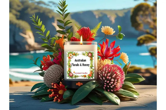Candle with Australian Florals & Honey label surrounded by flowers and leaves on a beach.