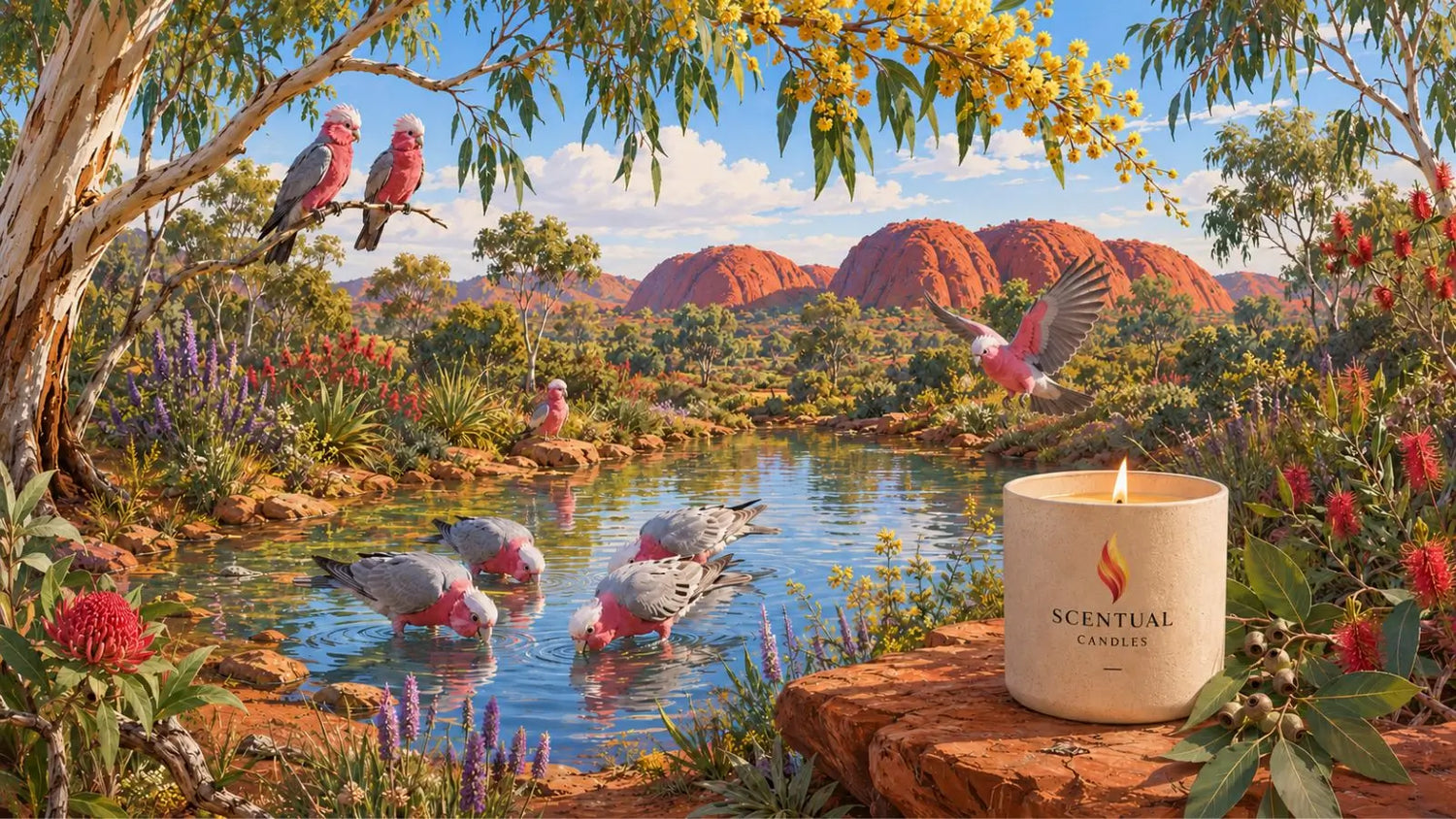 Scentual candles with a scenic Australian landscape featuring a lake, trees, and pink cockatoos.